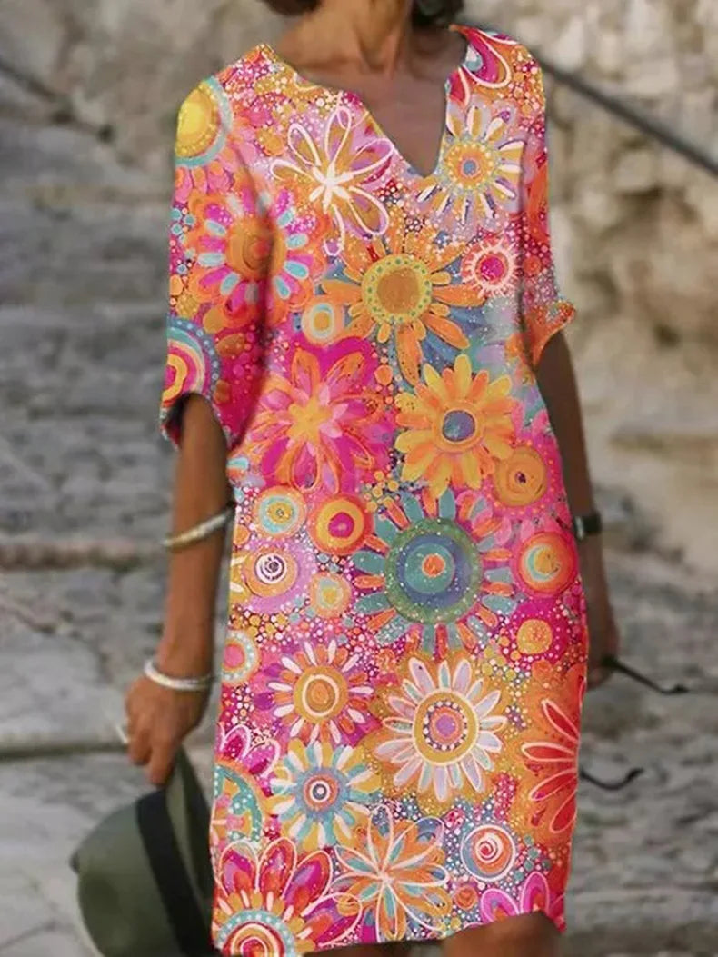 Bloemenjurk Dames – Elegante A-lijn Jurk met Korte Mouwen voor Feest