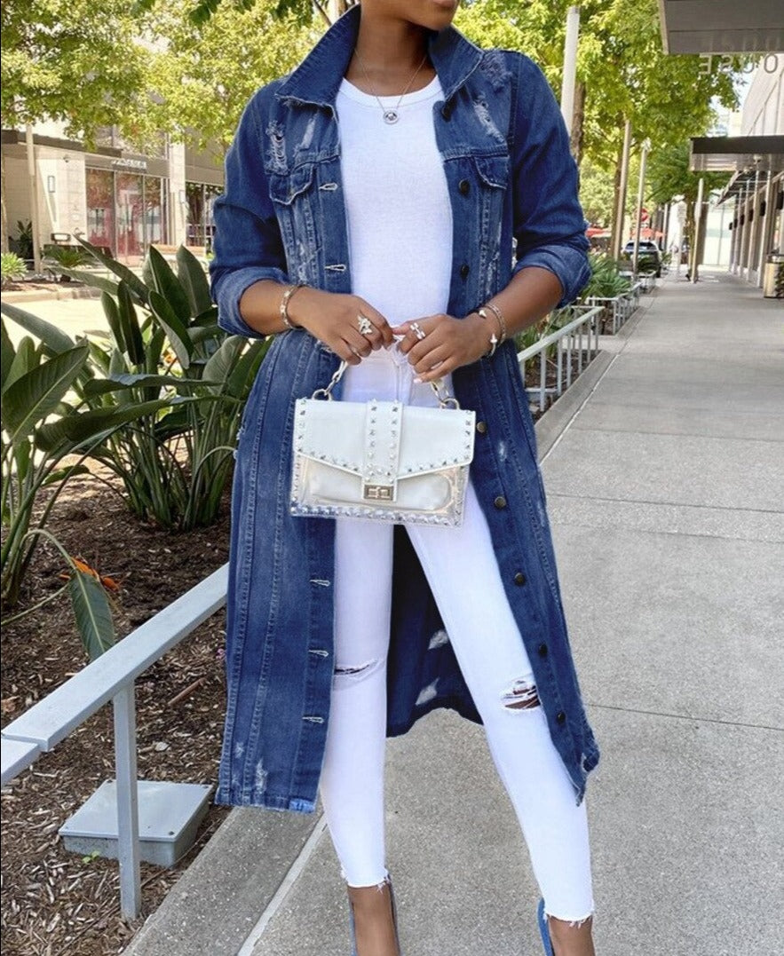 Dames Jeansjacke – Lange gescheurde denim jas voor casual stijl en comfort