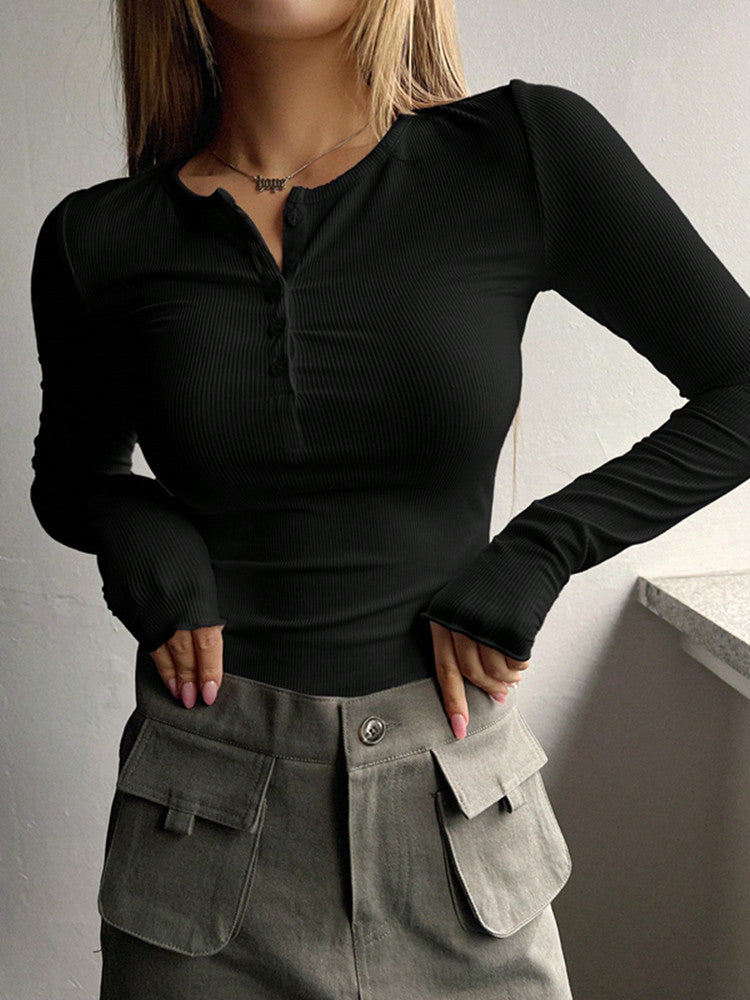 Langarm T-shirt dames – T-shirt met halve knoopsluiting en comfortabele pasvorm
