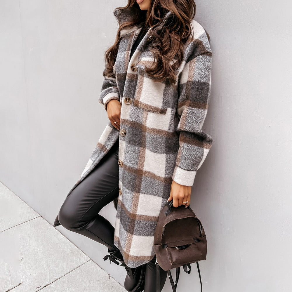 Geruite mantel dames – Stijlvolle lange jas van wol voor herfst en winter
