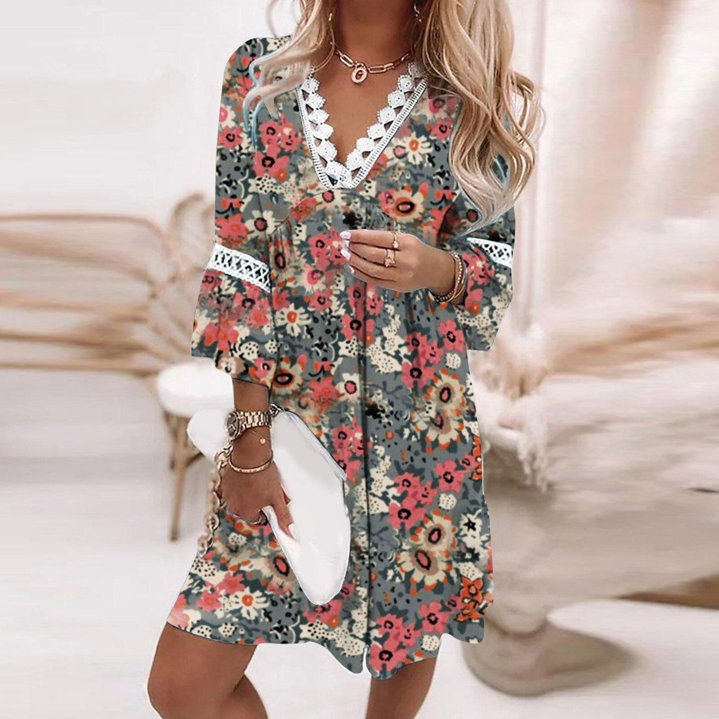 Bloemenjurk V-hals Dames – Elegante Jurk voor Feest en Casual Dagen