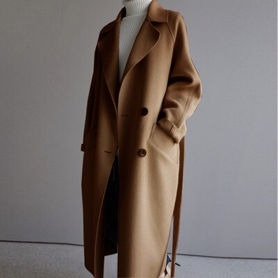 Dames mantel lang – Elegante warme winterjas met strik en hoge kraag