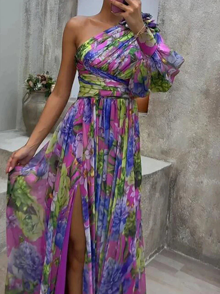 Maxi Jurk Vrouwen – Sexy Violette Jurk met Gedrukte Zijkant voor Feestelijke Gelegenheden