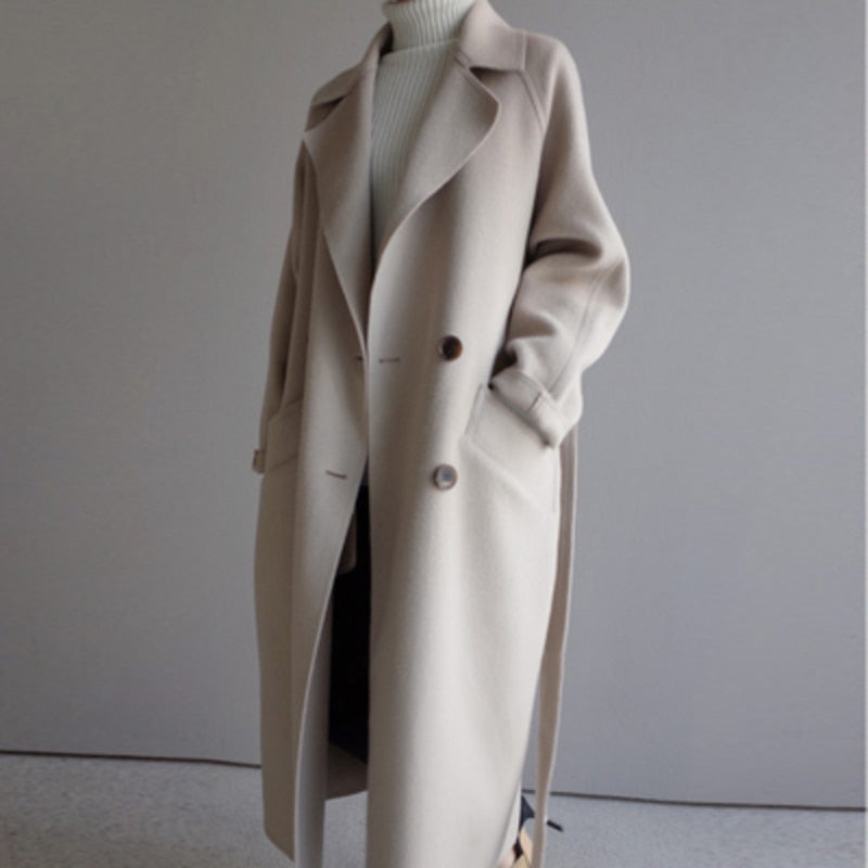 Dames mantel lang – Elegante warme winterjas met strik en hoge kraag