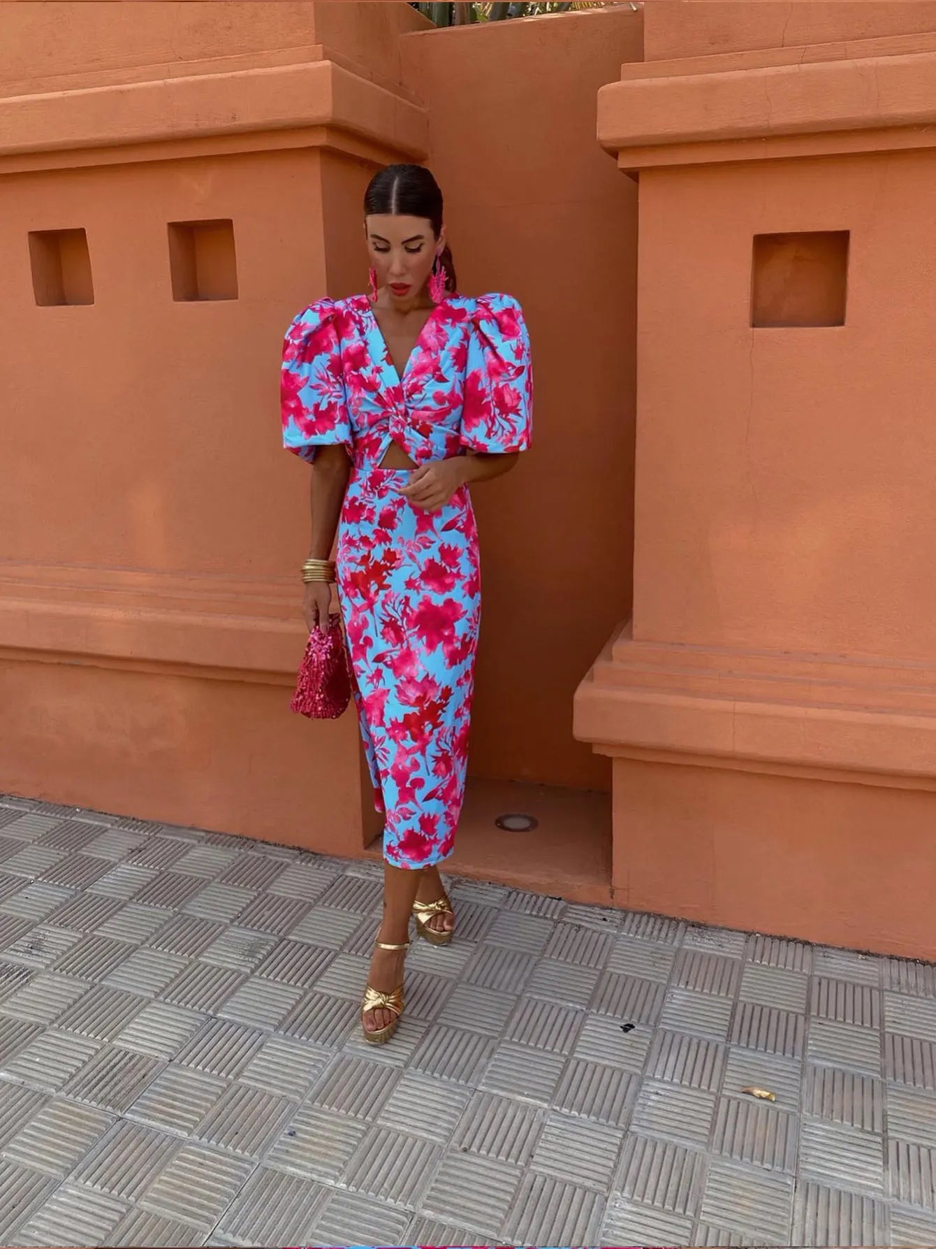 Midi Jurk Trendy – Elegante Pofmouwen en Geprinte Design voor Feestelijke Gelegenheden
