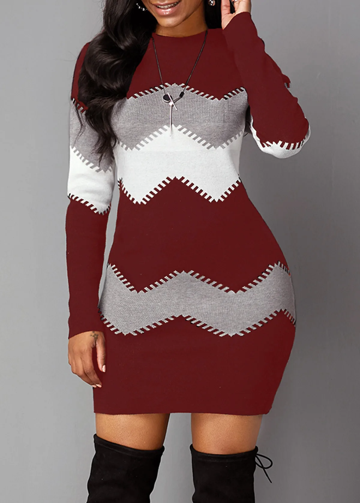Kleurblok Tricot Jurk Dames – Elegante Zigzag Jurk voor Feest en Casual