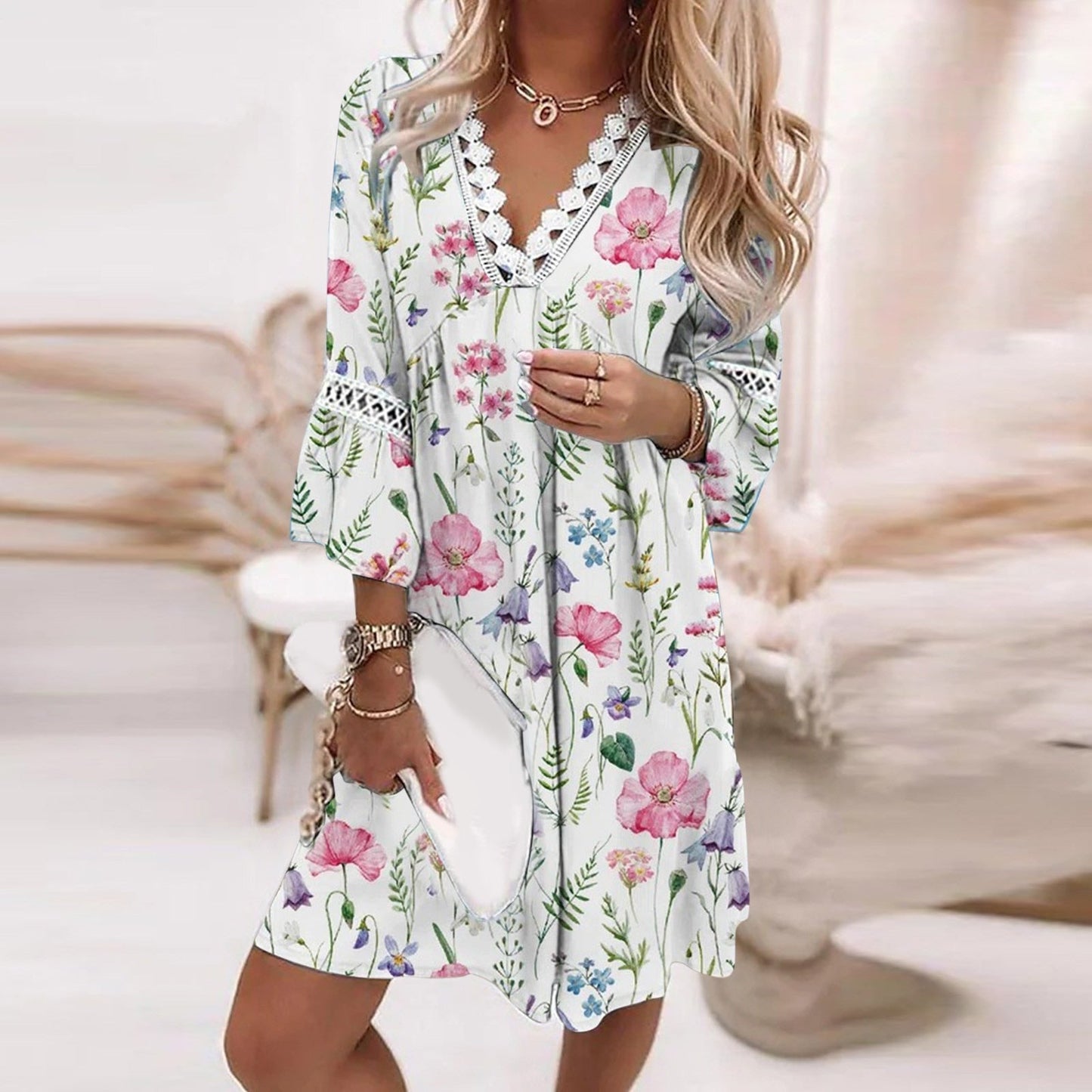 Bloemenjurk V-hals Dames – Elegante Jurk voor Feest en Casual Dagen