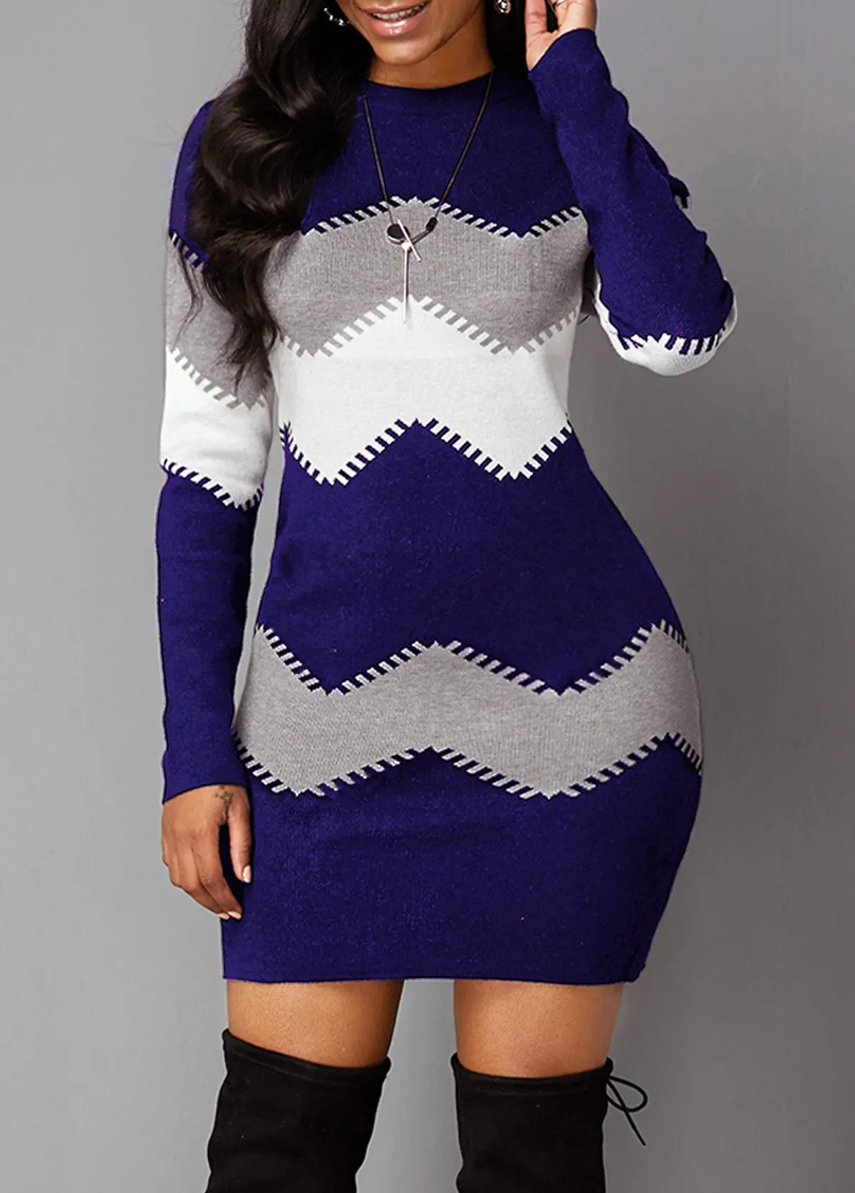 Kleurblok Tricot Jurk Dames – Elegante Zigzag Jurk voor Feest en Casual