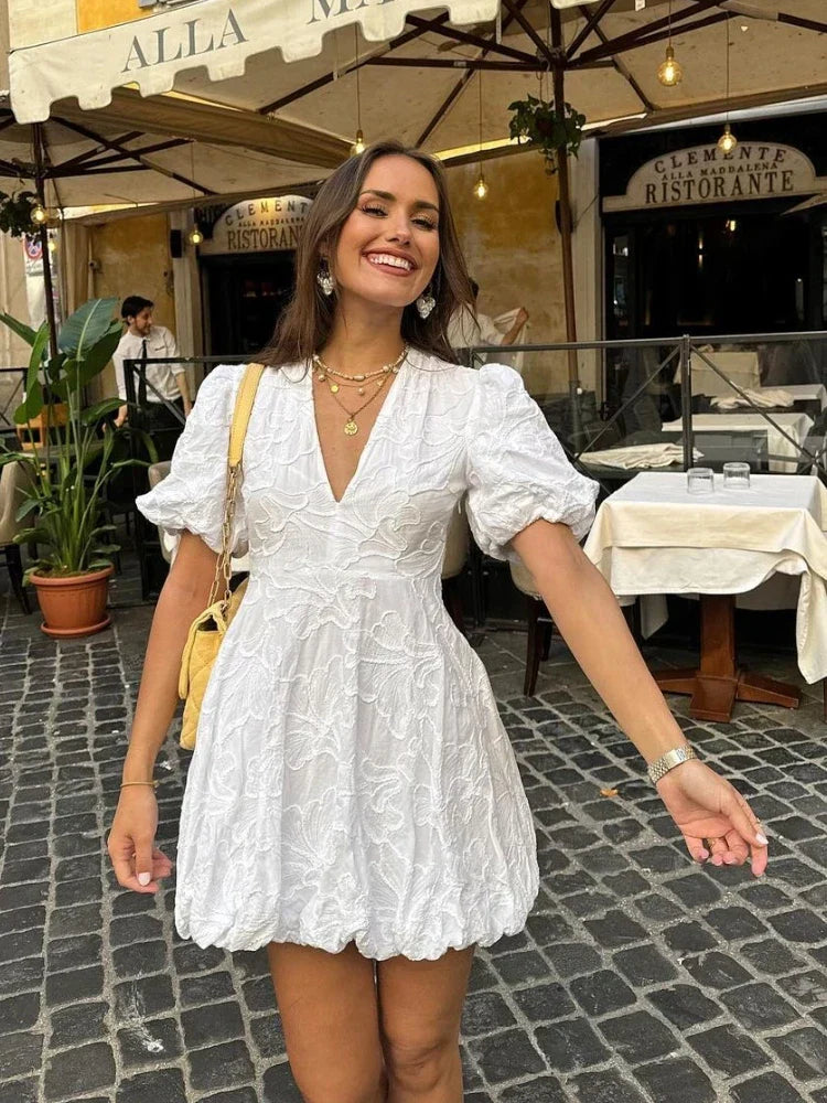 Dames Jurk – Elegante Getailleerde Jurk met Diepe V-Hals en Ballonrok