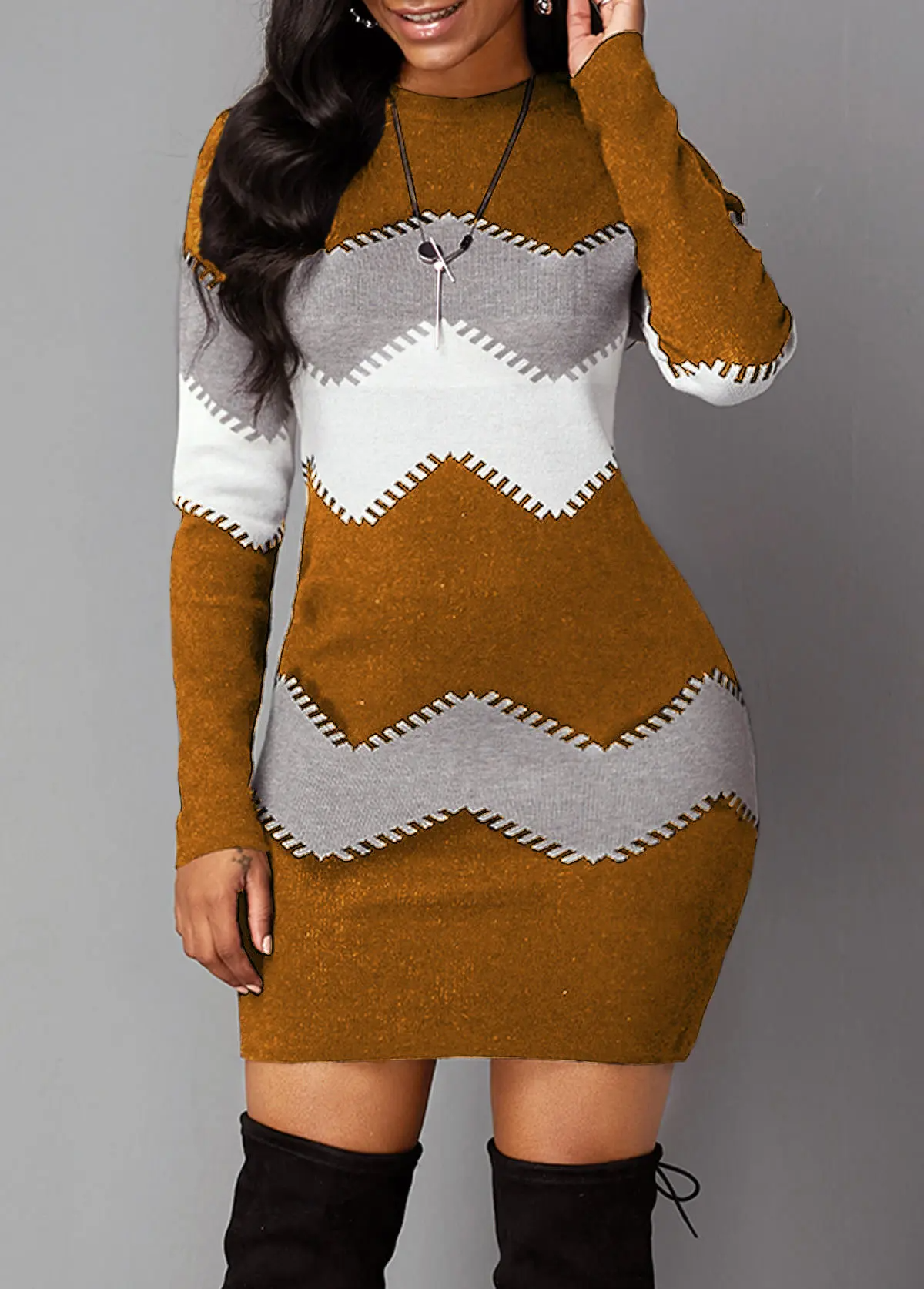Kleurblok Tricot Jurk Dames – Elegante Zigzag Jurk voor Feest en Casual