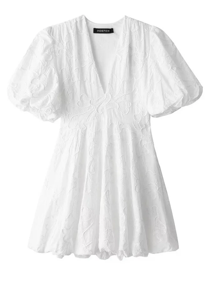 Dames Jurk – Elegante Getailleerde Jurk met Diepe V-Hals en Ballonrok
