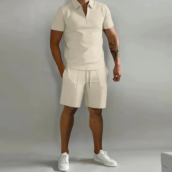 Herenoverhemd rits en shorts trekkoord – Casual set voor zomeroutfits
