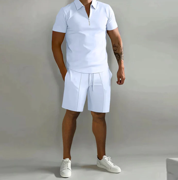 Herenoverhemd rits en shorts trekkoord – Casual set voor zomeroutfits