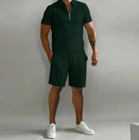 Herenoverhemd rits en shorts trekkoord – Casual set voor zomeroutfits