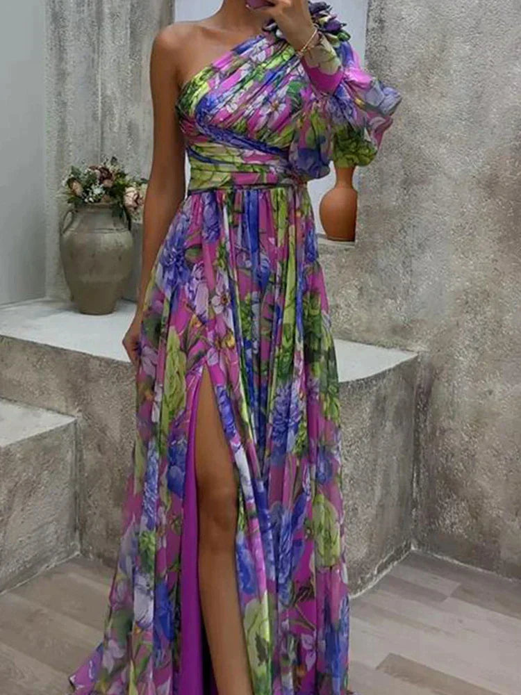 Maxi Jurk Vrouwen – Sexy Violette Jurk met Gedrukte Zijkant voor Feestelijke Gelegenheden