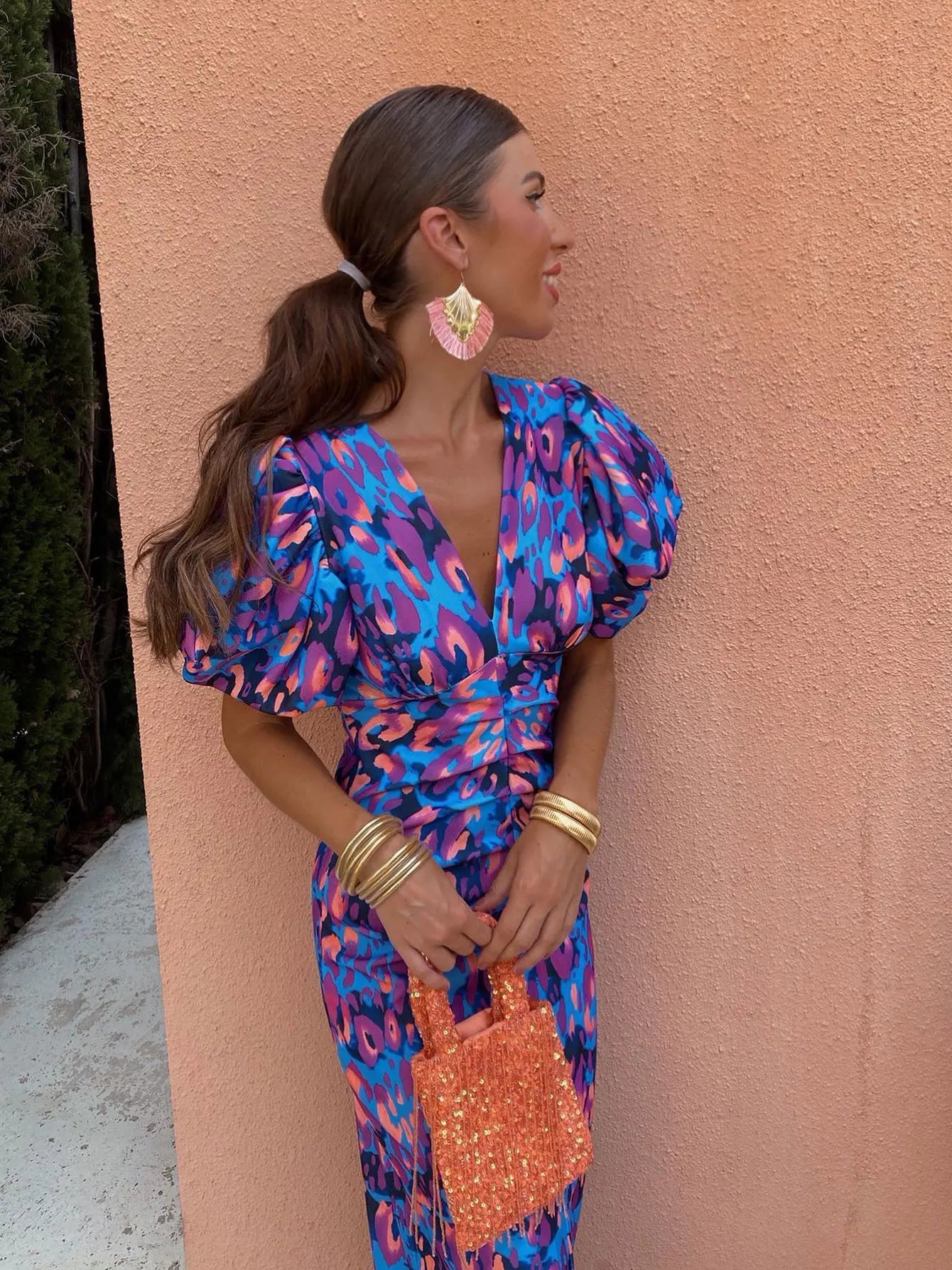 Midi Jurk Trendy – Elegante Pofmouwen en Geprinte Design voor Feestelijke Gelegenheden