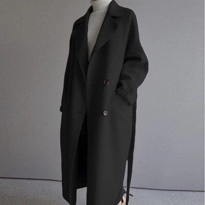 Dames mantel lang – Elegante warme winterjas met strik en hoge kraag