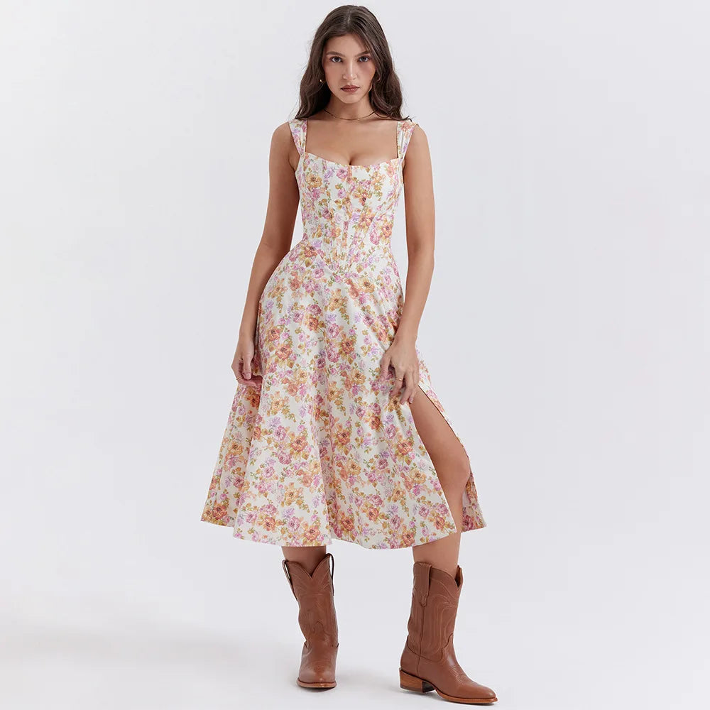 Midi Jurk Dames – Elegante Bloemenprint met Getailleerd Uitlopend Design en Zijsplit