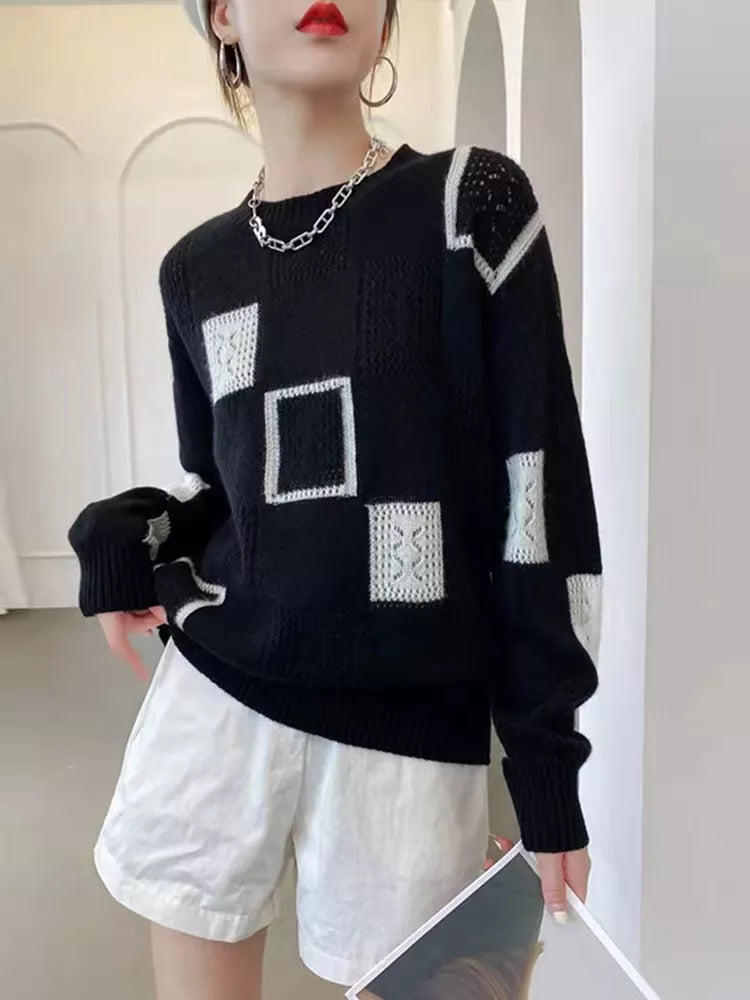 Geometrische gebreide trui dames – Moderne trui met unieke patronen en stijl