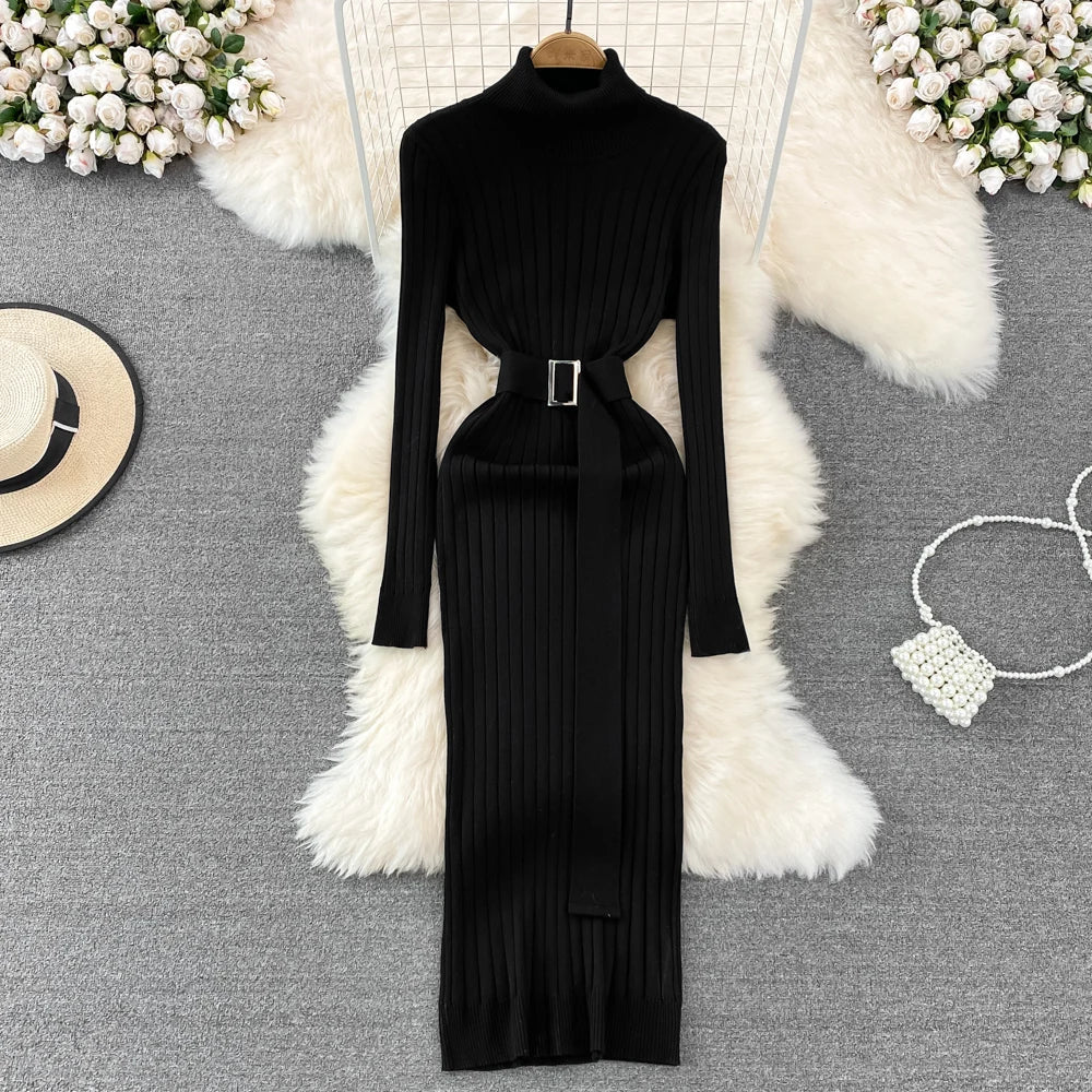 Lange coltrui jurk dames – Elegante jurk met riem voor casual en feestelijk gebruik