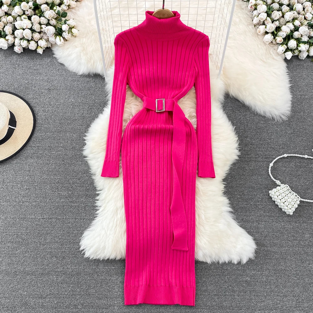 Lange coltrui jurk dames – Elegante jurk met riem voor casual en feestelijk gebruik