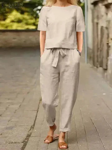 Blouse en broek dames – Korte mouwen met tailleband voor casual stijl