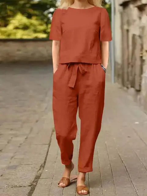 Blouse en broek dames – Korte mouwen met tailleband voor casual stijl