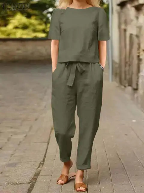 Blouse en broek dames – Korte mouwen met tailleband voor casual stijl