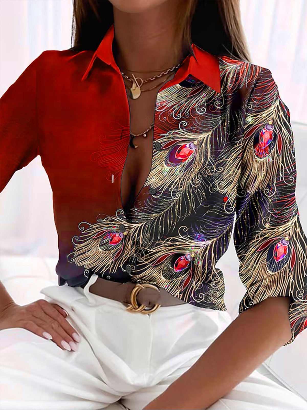 Dames Blouse met Verenpatroon – Elegante en Lichte Top voor Feestelijke Gelegenheden