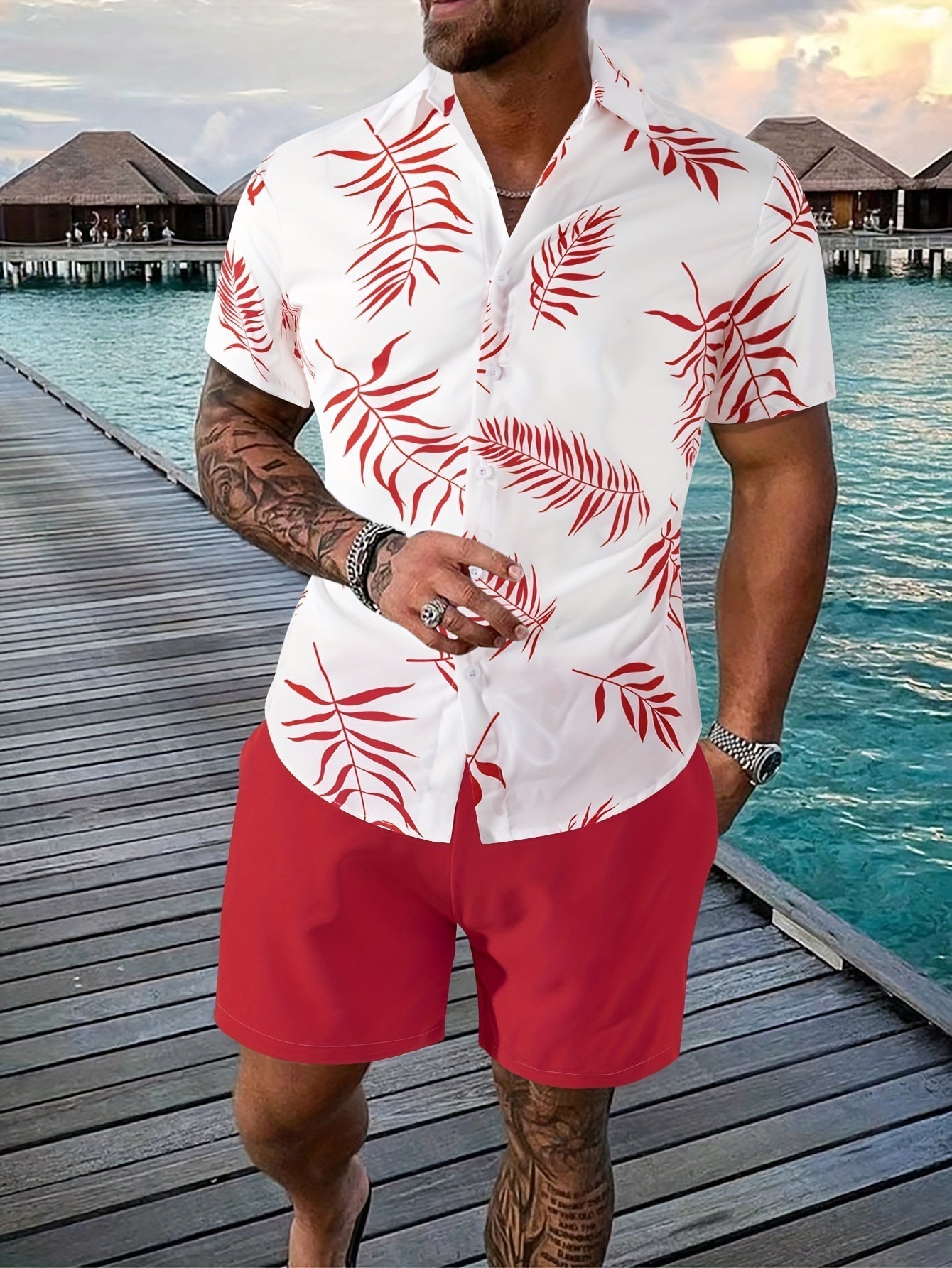Hemd met bladerenprint heren – Korte broek met trekkoord voor casual zomerlook