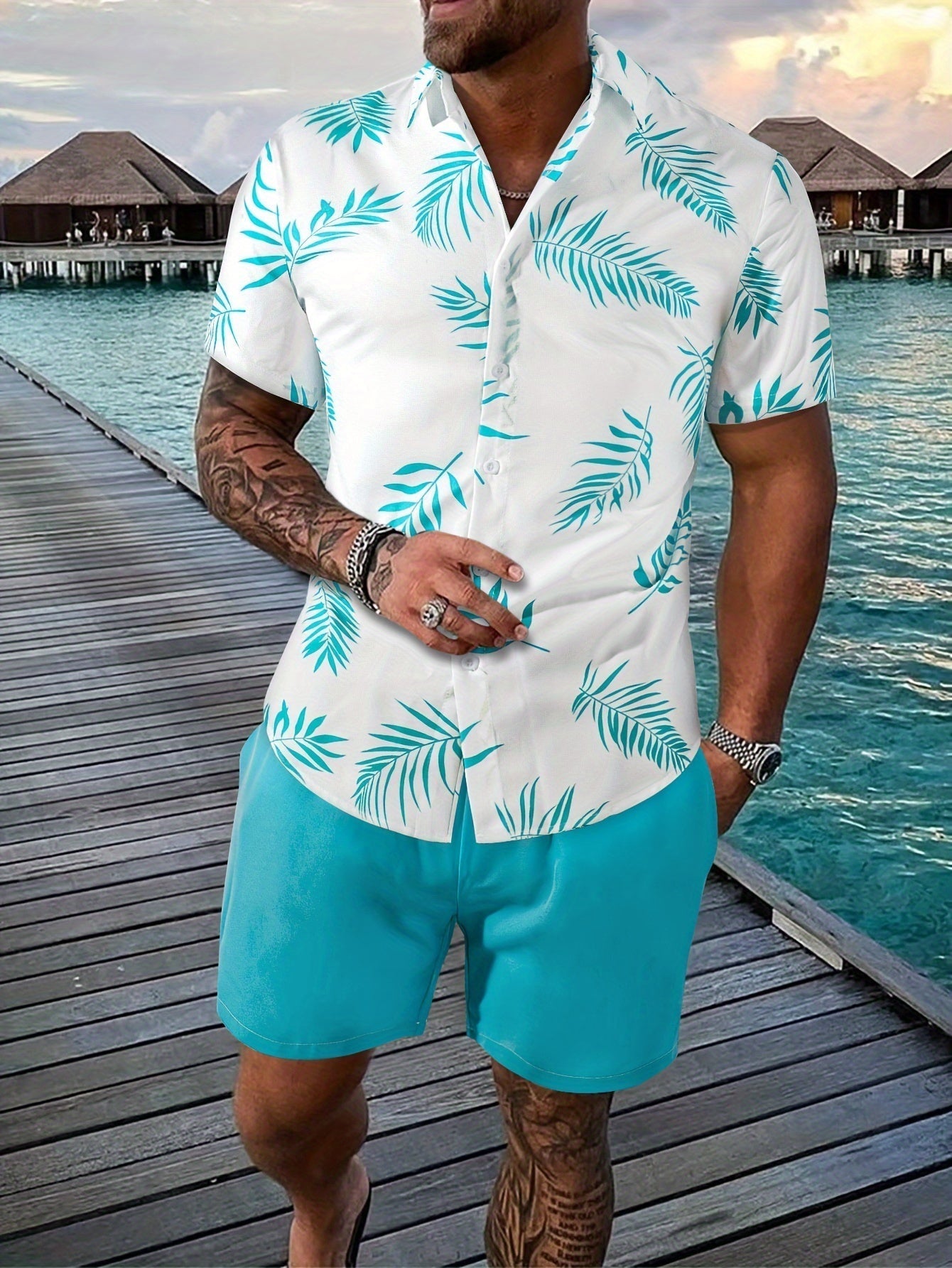 Hemd met bladerenprint heren – Korte broek met trekkoord voor casual zomerlook