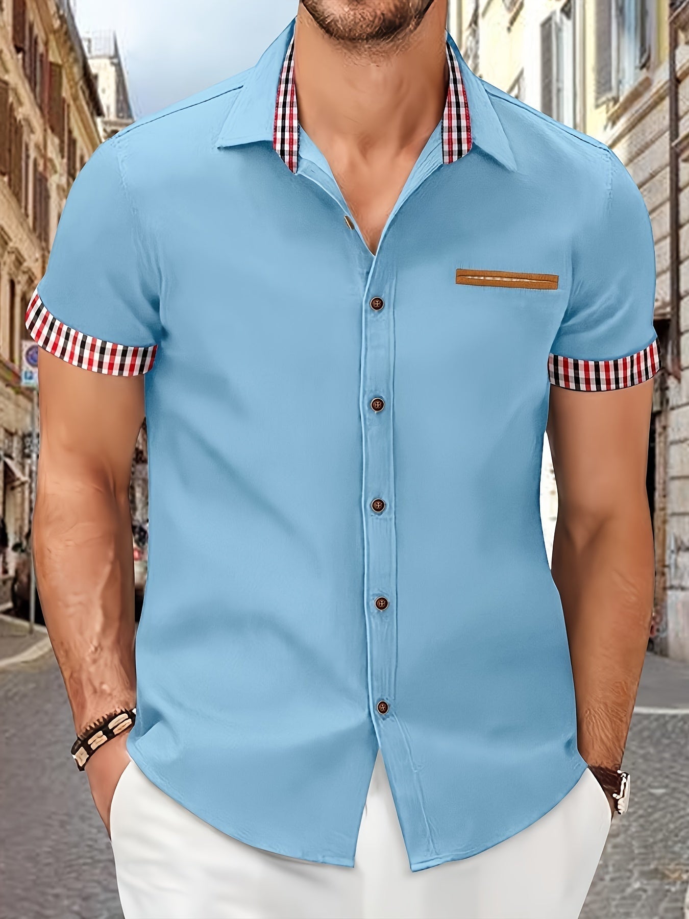 Heren overhemd korte mouwen – Gestreepte kraag casual shirt voor mannen