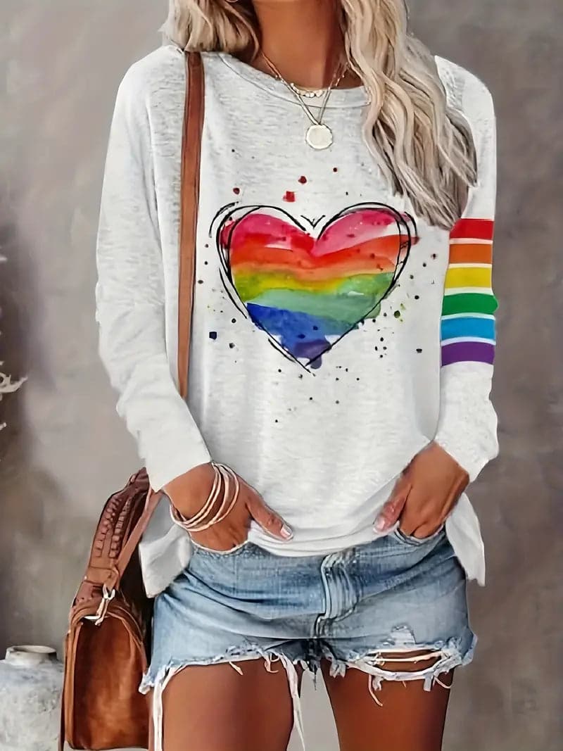 Regenboog T-shirt Dames – Katoenen T-shirt met kleurrijke print voor casual stijl