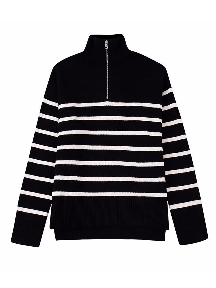 Gestreepte Pullover Dames – Comfortabele Rits Trui voor Casual en Sportief Gebruik