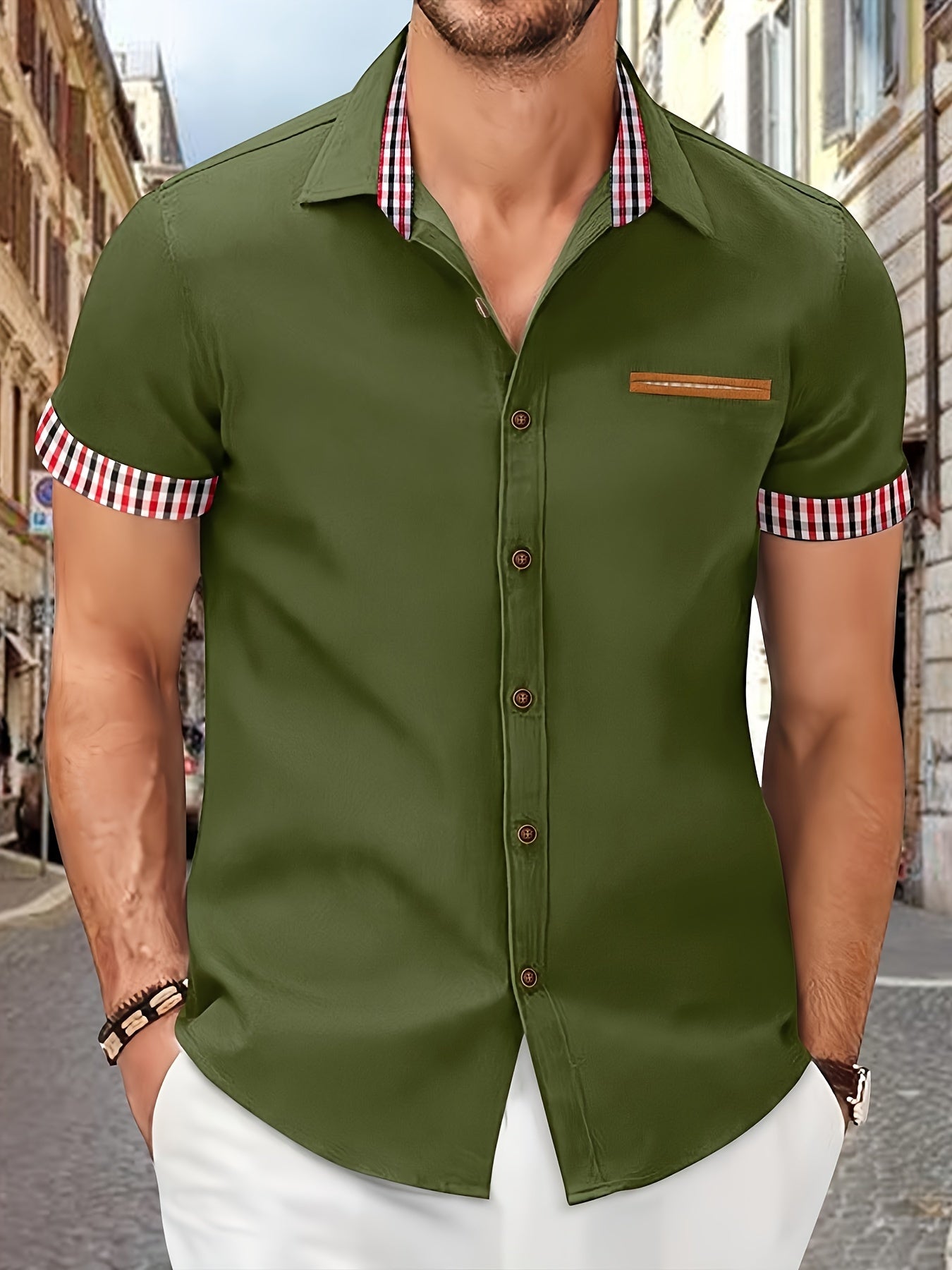 Heren overhemd korte mouwen – Gestreepte kraag casual shirt voor mannen