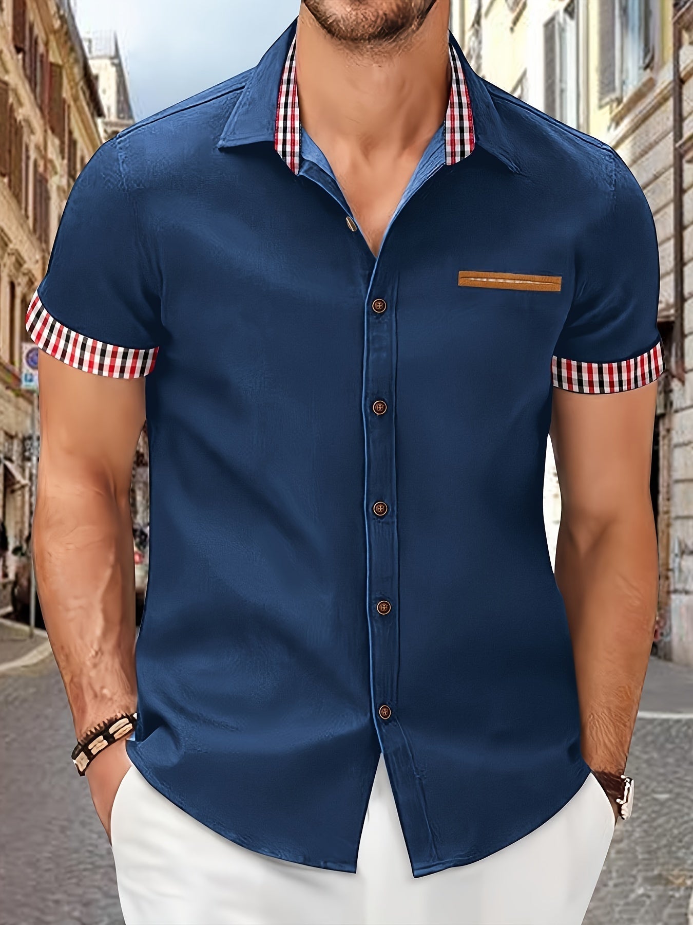 Heren overhemd korte mouwen – Gestreepte kraag casual shirt voor mannen