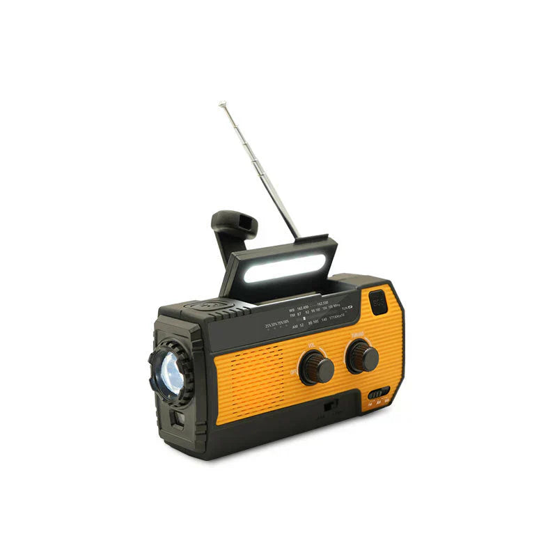 Zonne-noodradio met USB, batterij, handslinger en zaklamp