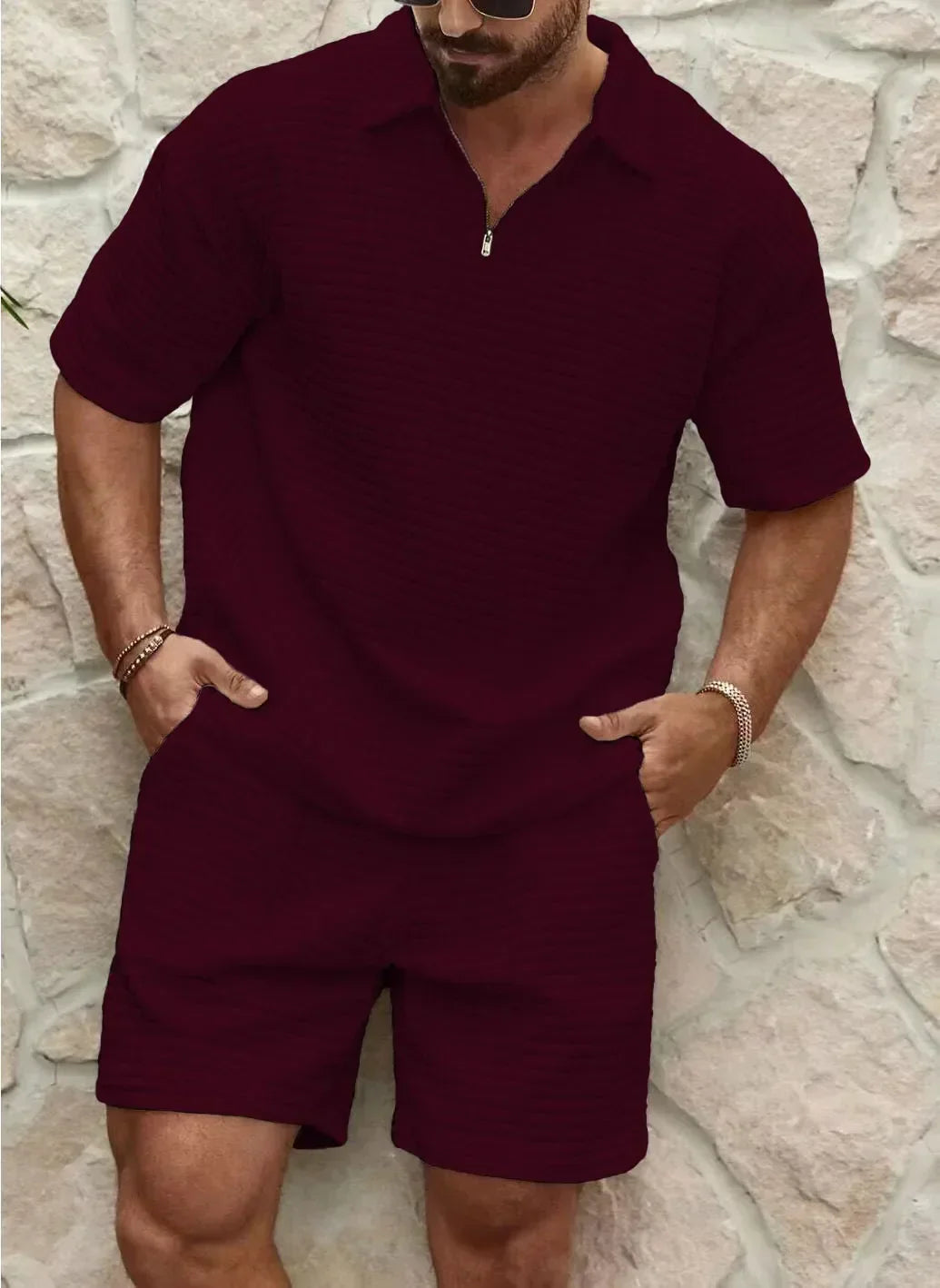 Heren Korte Mouwen Hemd met Rits en Shorts – Casual Outfit voor Zomer