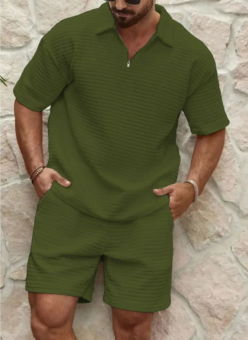 Heren Korte Mouwen Hemd met Rits en Shorts – Casual Outfit voor Zomer