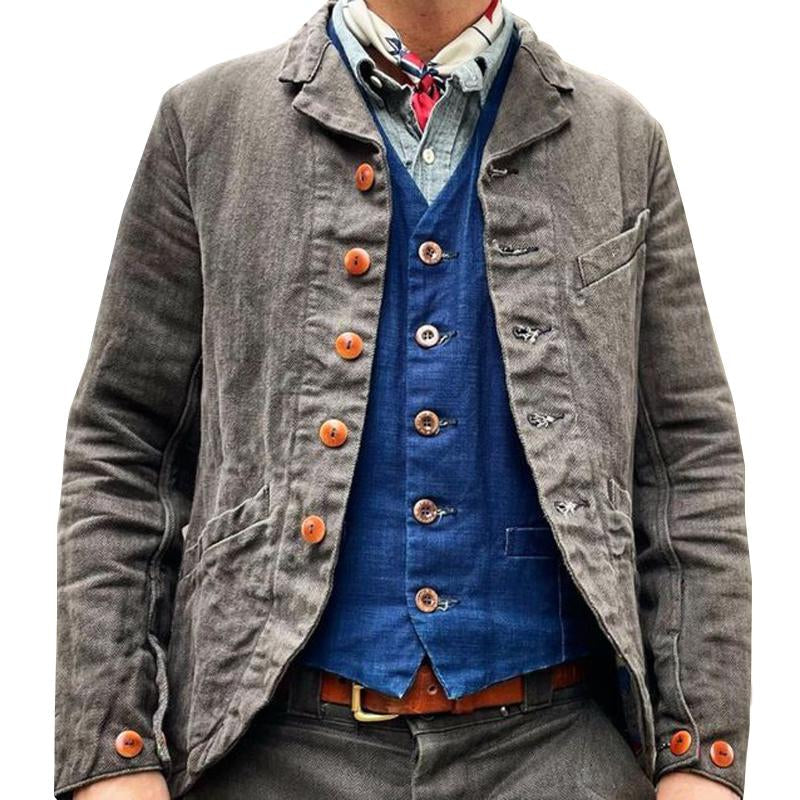 Heren Vintage-Jack met Knopen – Stijlvolle Jas met Meerdere Zakjes en Comfortabele Pasvorm