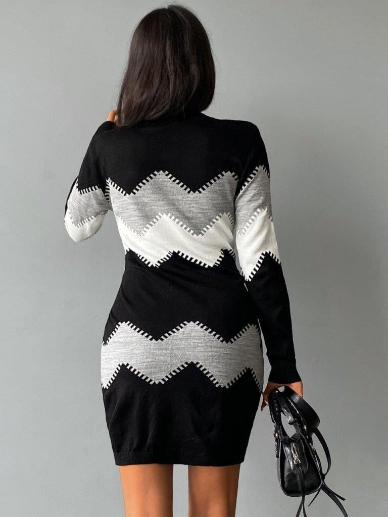 Kleurblok Tricot Jurk Dames – Elegante Zigzag Jurk voor Feest en Casual