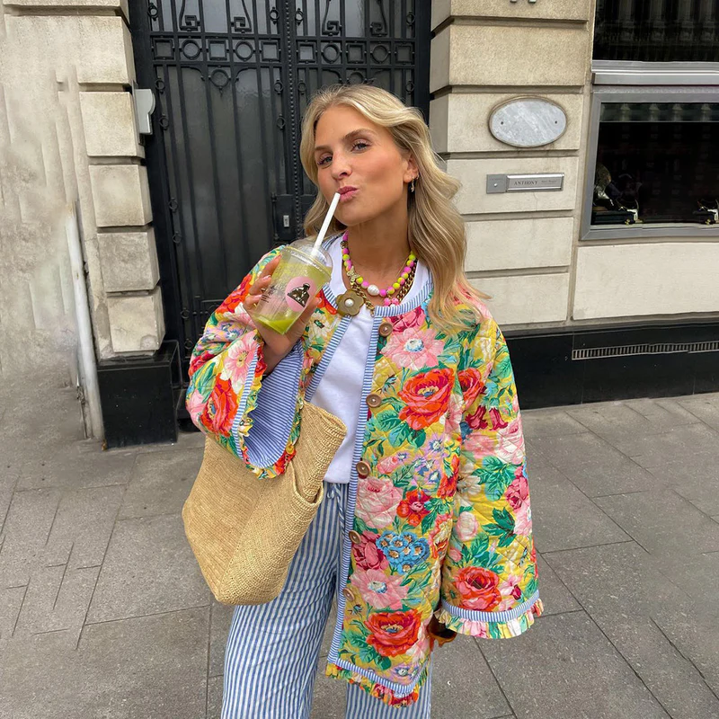 Gewatteerde Jas Dames – Bloemenprint Jas met Zachte Voering en Trendy Design