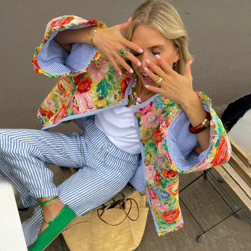 Gewatteerde Jas Dames – Bloemenprint Jas met Zachte Voering en Trendy Design