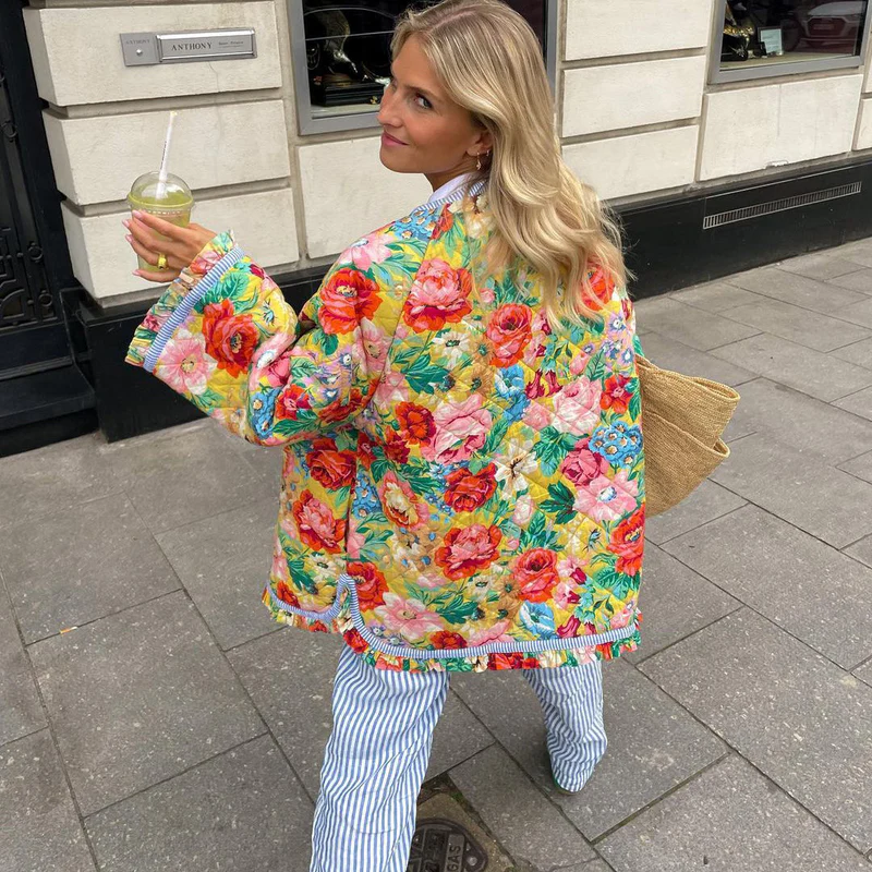 Gewatteerde Jas Dames – Bloemenprint Jas met Zachte Voering en Trendy Design