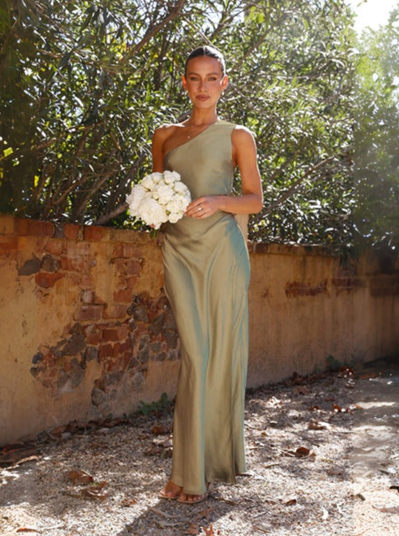Maxi Jurk One-Shoulder – Satijnen Jurk met Elegante Split voor Feestelijke Gelegenheden