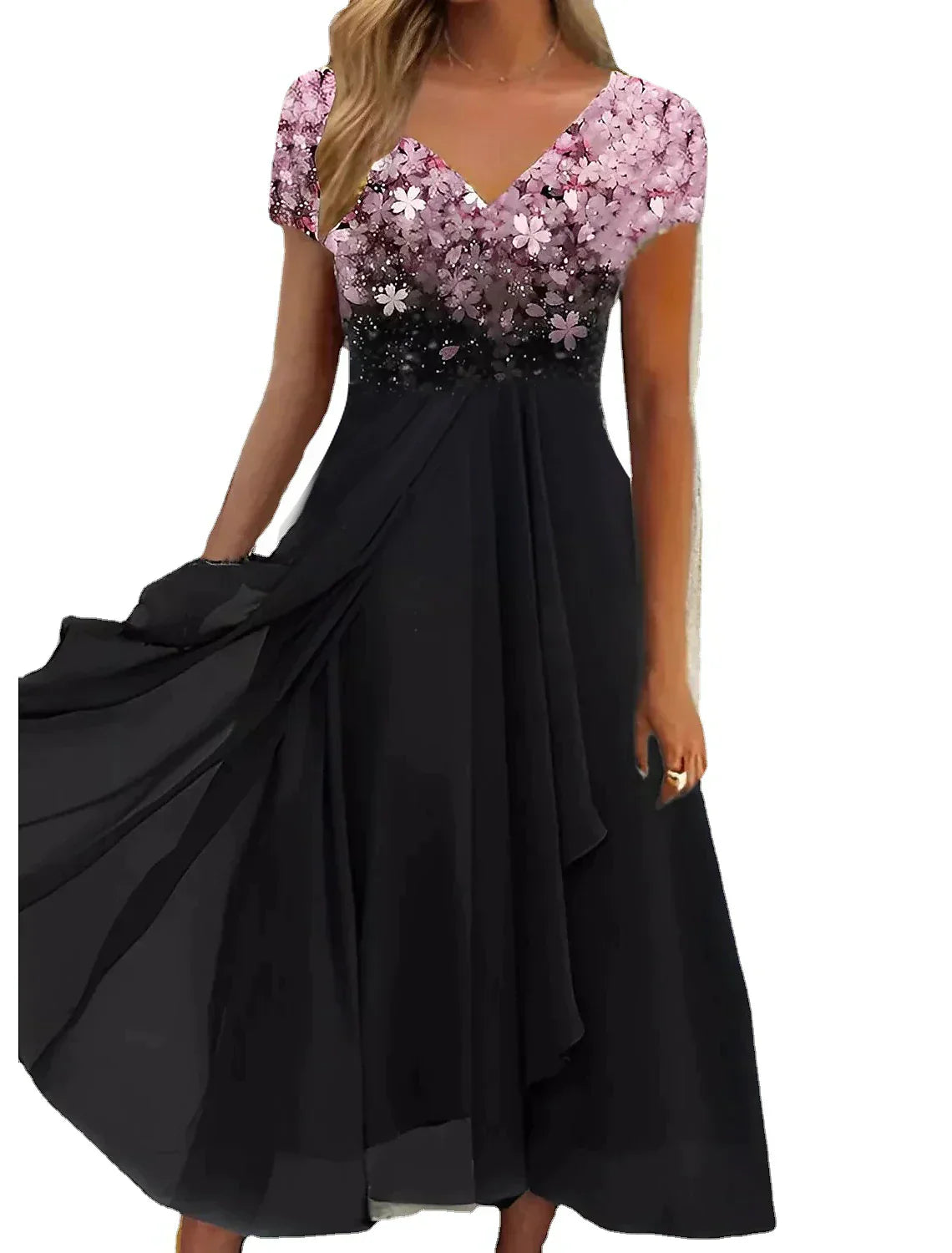Bloemenjurk dames – Elegante bloemenjurk met korte mouwen voor zomerfeest