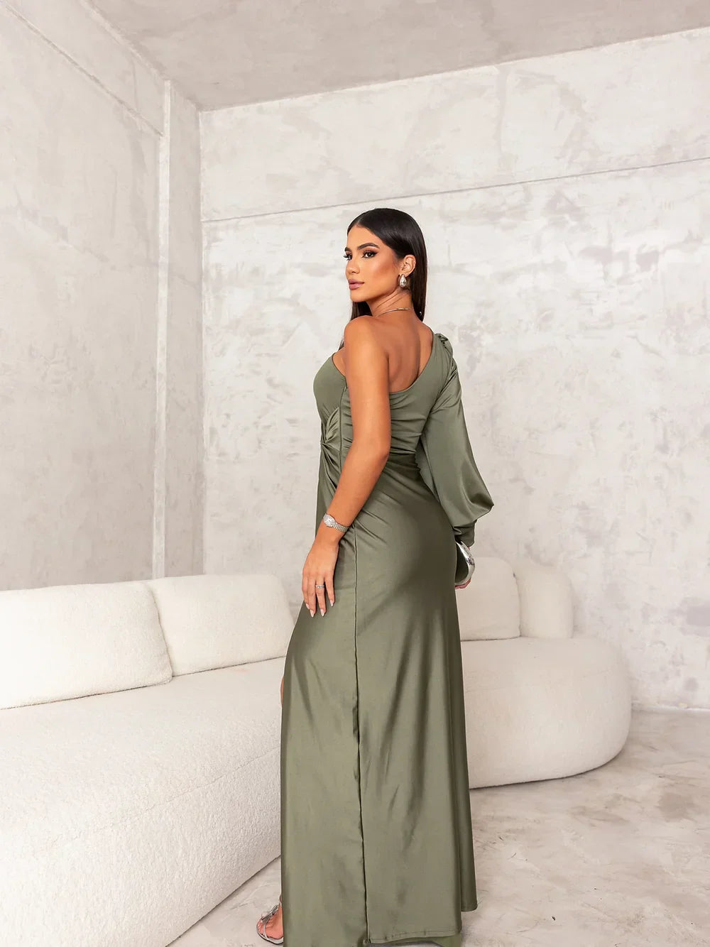 Avondjurk Lang Asymmetrisch – Satijnen Elegante Drapé voor Feestelijke Gelegenheden
