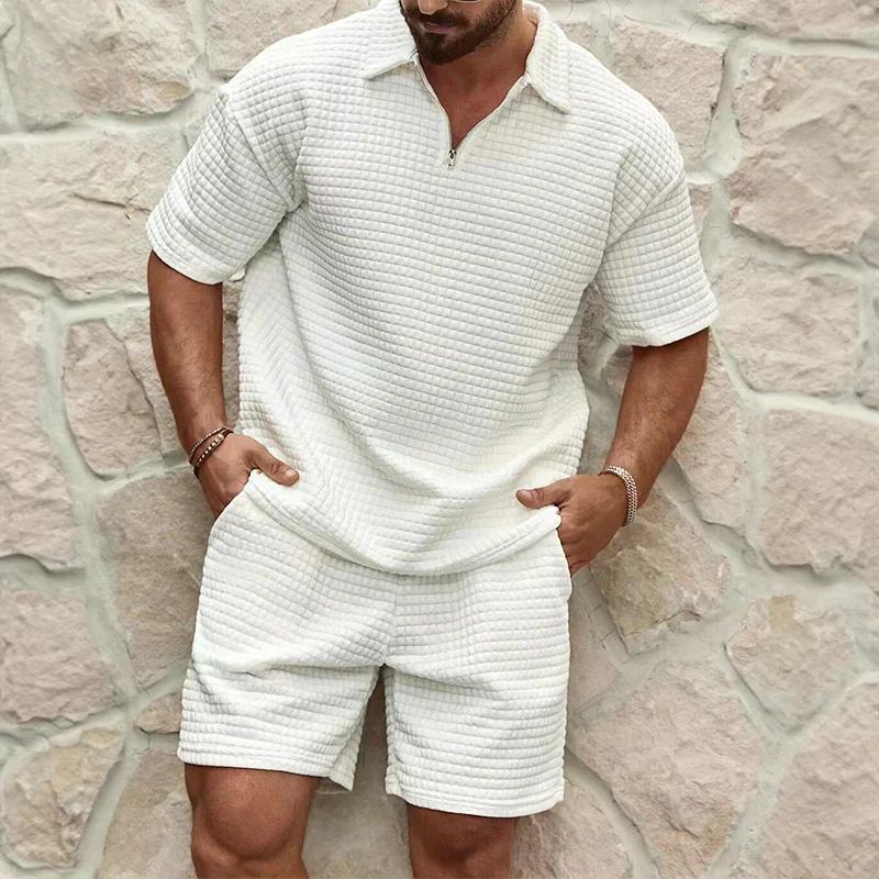 Heren Korte Mouwen Hemd met Rits en Shorts – Casual Outfit voor Zomer