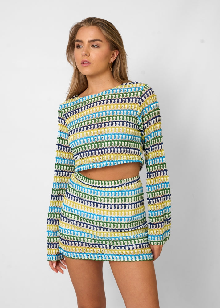 Dames Twee-Delige Set – Crop Top Lange Mouwen en Hoge Taille Minirok Getextureerd