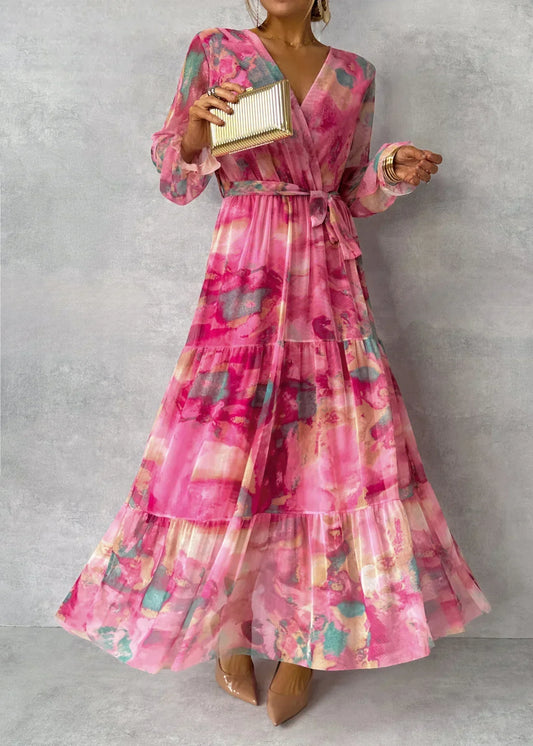 Wikkeljurk Dames – Maxi Jurk Met Bloemenpatroon En Lange Mouwen Elegante Stijl